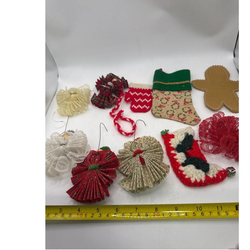 Vintage Handmade Christmas Ornaments Lot Fabric Angels Gingerbread Stocking Knit